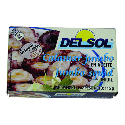 Calamar jumbo Del Sol en aceite vegetal ideal para tapas, arroces y recetas de mariscos.
