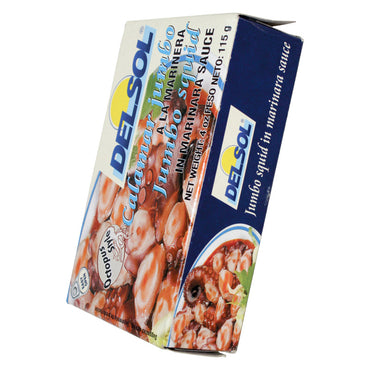 Calamar jumbo Del Sol en salsa marinara listo para consumir en recetas de mariscos y tapas.