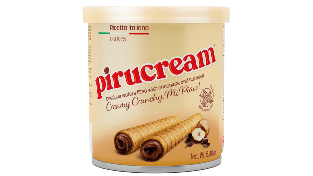 Wafer Pirucream con relleno de avellana y chocolate en presentación snack.