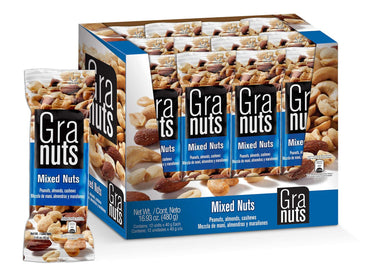 Mezcla de frutos secos Granuts ideal para quienes buscan un snack práctico y nutritivo.