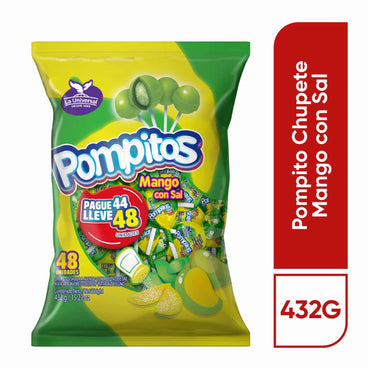 Dulces Pompitos mango con sal La Universal con sabor tropical y ácido.