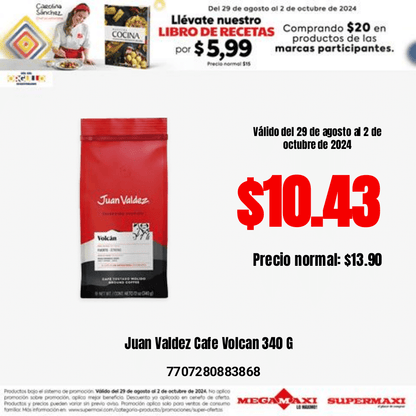 Café colombiano molido Juan Valdez Volcán con aroma intenso y sabor balanceado elaborado con granos seleccionados.