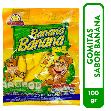 Gomitas sabor banana con textura suave y dulce tropical.