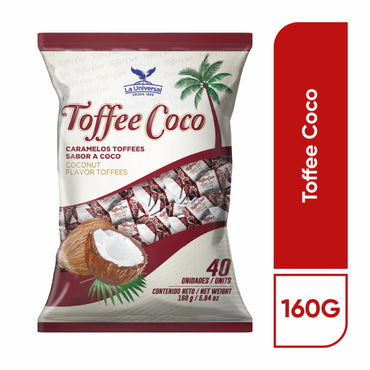 Toffee de coco La Universal con textura masticable y sabor tropical.