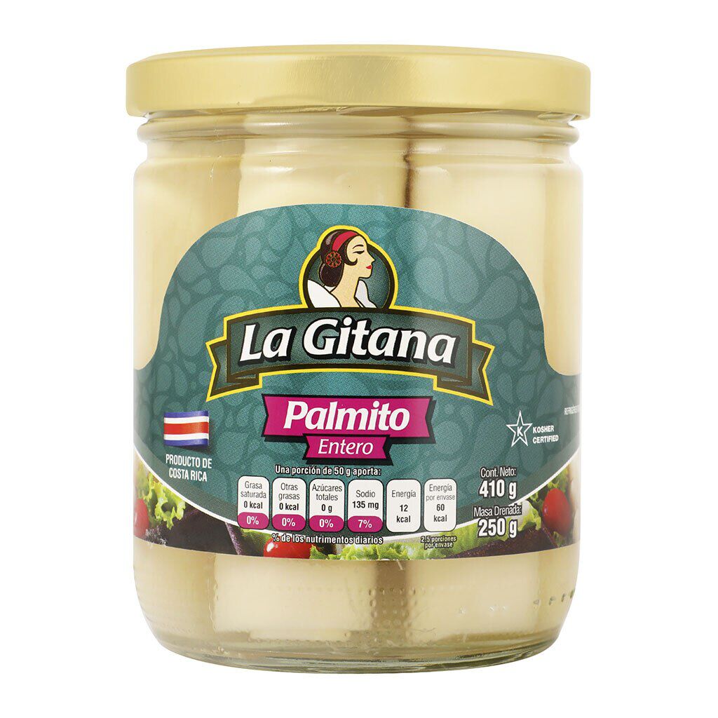 Palmito en frasco de vidrio con textura suave y sabor delicado.