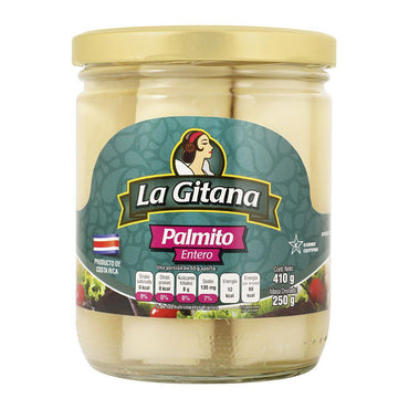 Palmito en frasco de vidrio con textura suave y sabor delicado.