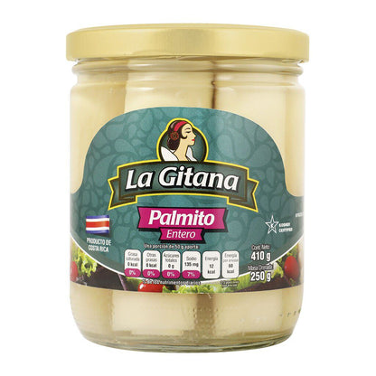Palmito en frasco de vidrio con textura suave y sabor delicado.