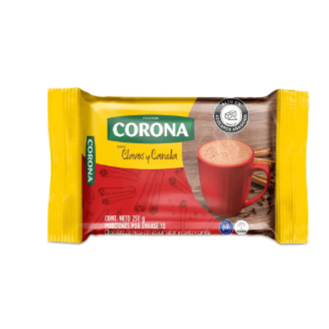 Chocolate dulce Corona con clavos y canela para bebidas tradicionales con sabor especiado.