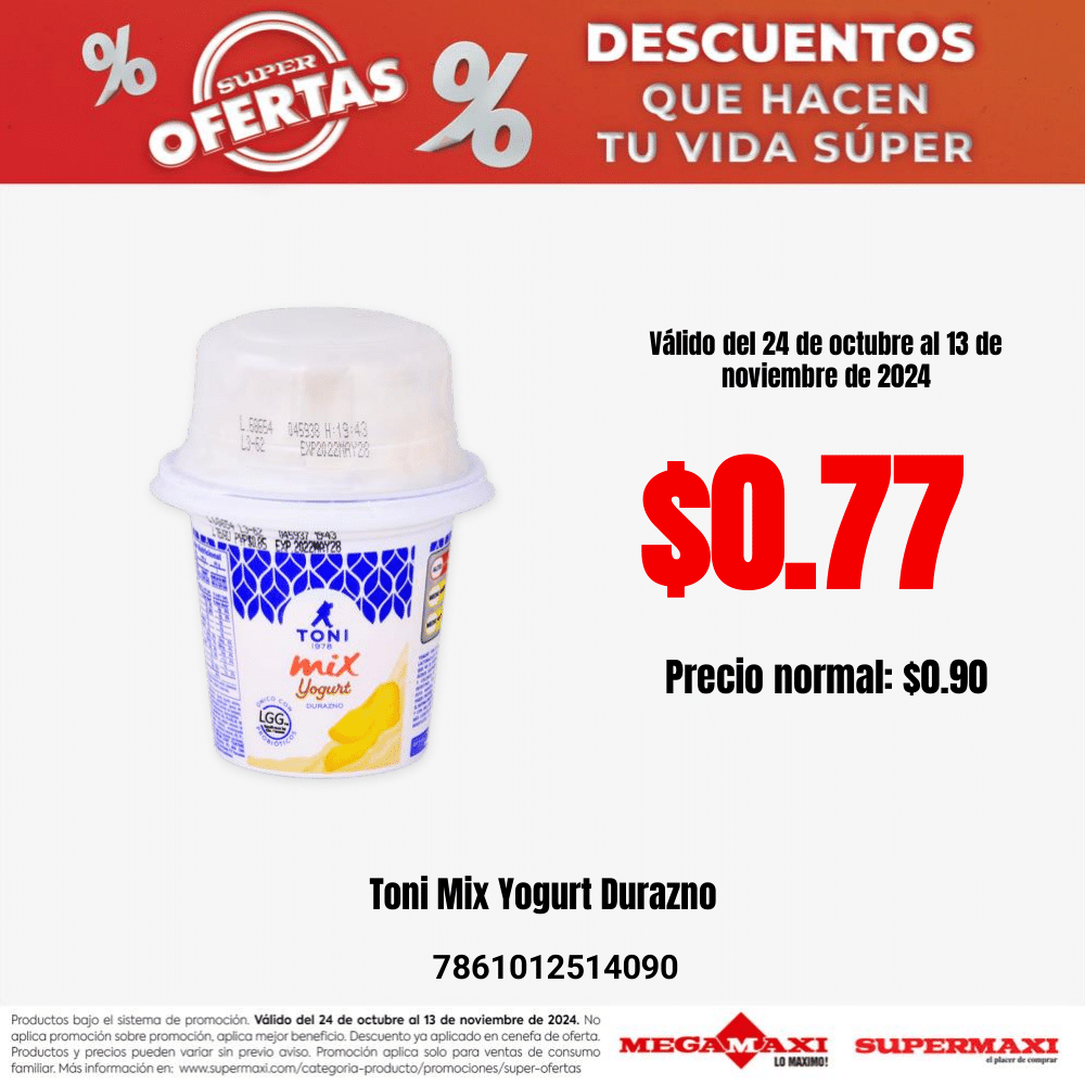 Yogurt Toni Mix con cereal y sabor durazno listo para disfrutar.