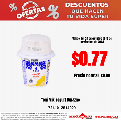 Yogurt Toni Mix con cereal y sabor durazno listo para disfrutar.