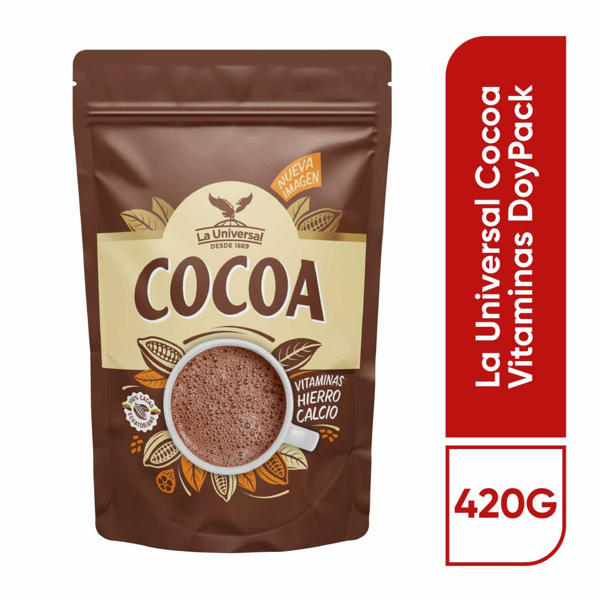 Cocoa La Universal en presentación doy pack ideal para bebidas y repostería.