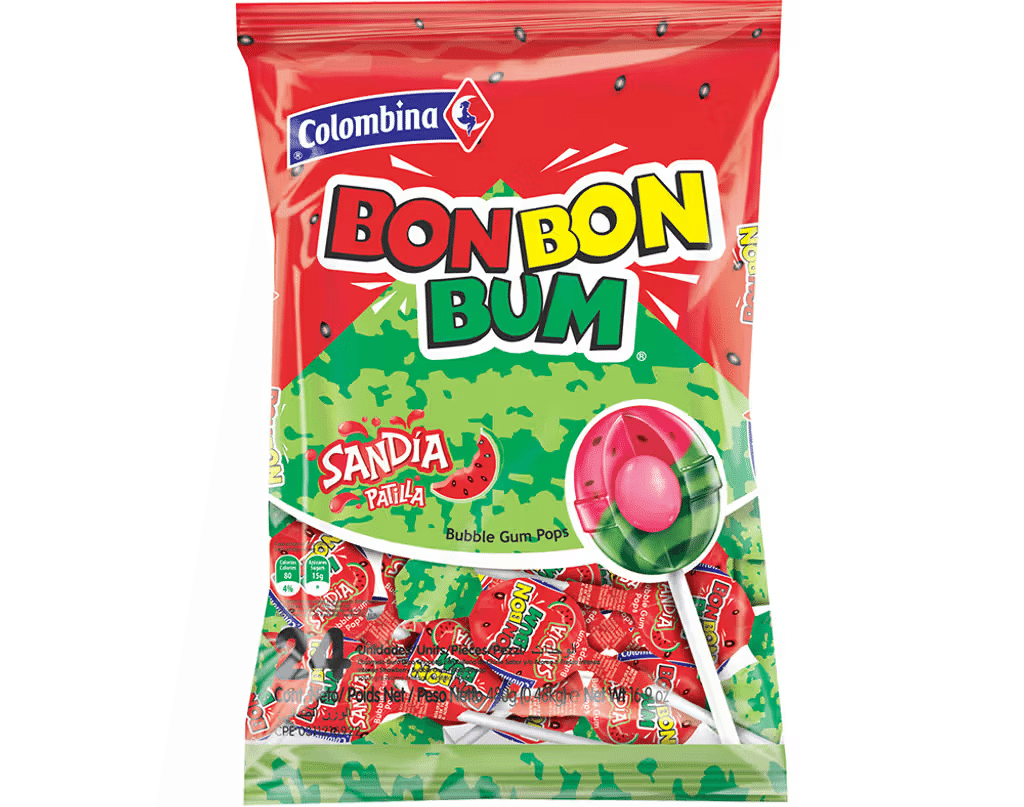Caramelos masticables Colombina Bon Bon Bum sabor sandía con textura suave y sabor dulce frutal.