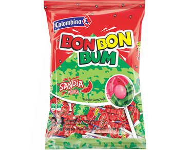 Caramelos masticables Colombina Bon Bon Bum sabor sandía con textura suave y sabor dulce frutal.