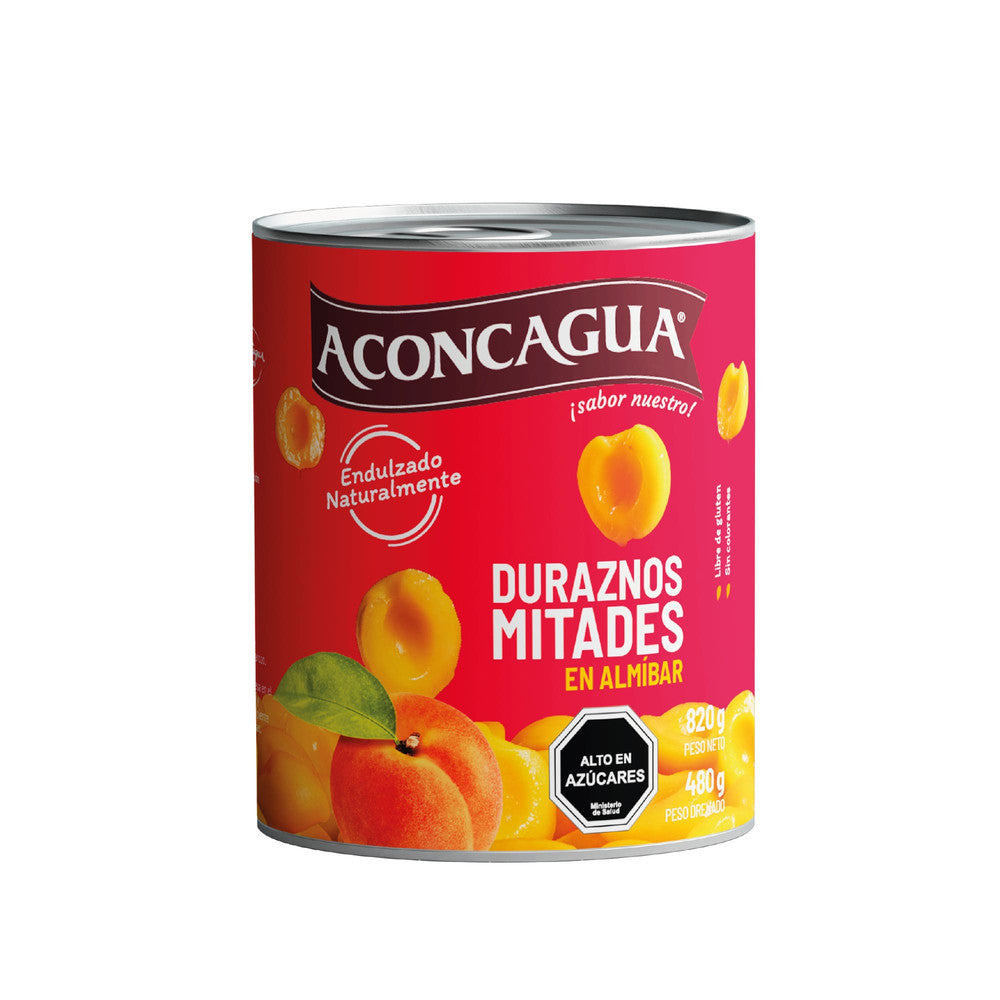Duraznos en mitades en almíbar con sabor dulce y textura suave.