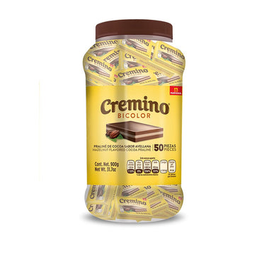 Tarro Cremino Bicolor con múltiples unidades de chocolate y crema ideal para compartir o venta individual.