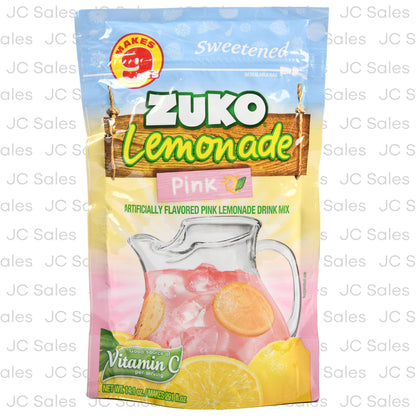 Mezcla en polvo Zuko sabor limonada rosada para preparar bebidas refrescantes y cítricas.