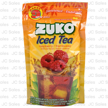 Mezcla en polvo Zuko sabor té de frambuesa para preparar bebidas refrescantes estilo iced tea.