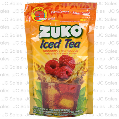 Mezcla en polvo Zuko sabor té de frambuesa para preparar bebidas refrescantes estilo iced tea.