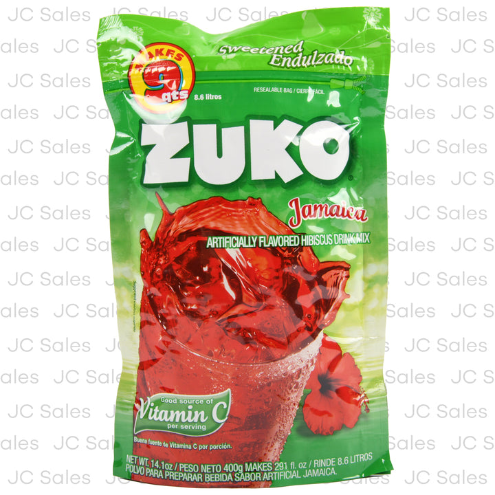 Mezcla en polvo Zuko sabor jamaica para preparar bebidas refrescantes de hibiscus.