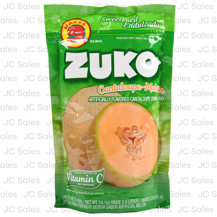 Mezcla en polvo Zuko sabor melón para preparar bebidas dulces y refrescantes.