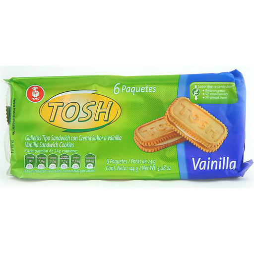 Galletas Tosh sabor vainilla con textura ligera y sabor suave para disfrutar en cualquier ocasión.