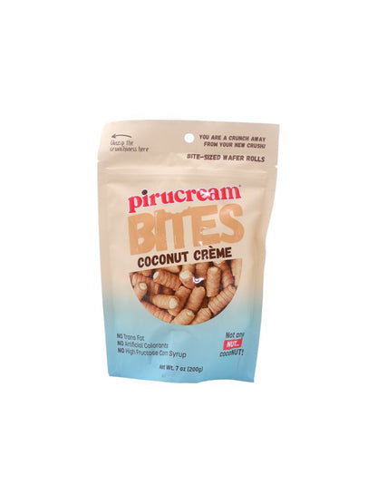 Pirucream bites rellenos de crema de coco en práctica bolsa snack.