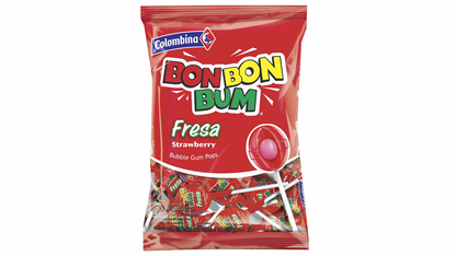 Caramelos masticables Colombina Bon Bon Bum sabor fresa en presentación para compartir y consumo diario.