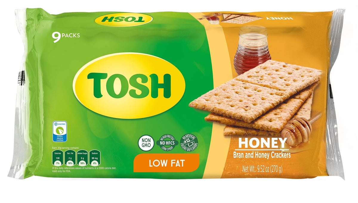 Crackers Tosh con miel elaborados con ingredientes seleccionados, ideales para meriendas y acompañamientos saludables.