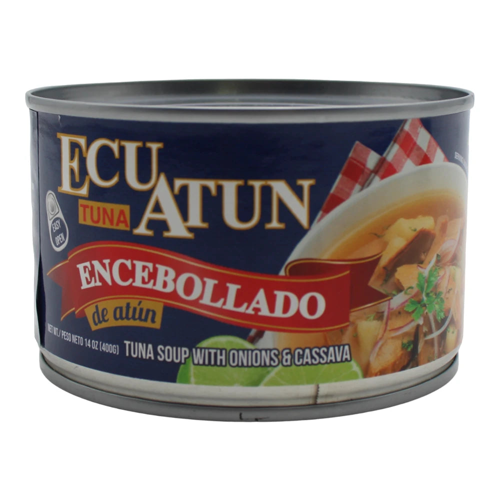 Sopa ecuatoriana Ecuatun Encebollado preparada con atún y yuca en presentación lista para consumir.