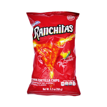 Chips de maíz Ranchitas sabor nacho picante con textura crujiente ideales para snacks y reuniones.