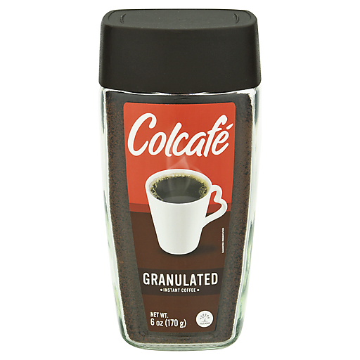 Café instantáneo granulado Colcafé con aroma y sabor característicos del café colombiano.