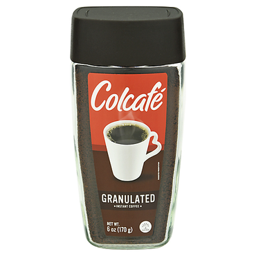 Café instantáneo granulado Colcafé con aroma y sabor característicos del café colombiano.