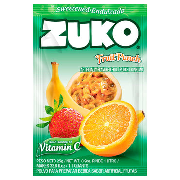 Mezcla individual Zuko sabor ponche de frutas para preparar bebidas refrescantes.