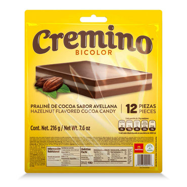 Cremino Bicolor con deliciosa combinación de sabores de chocolate y crema en práctica presentación blister.