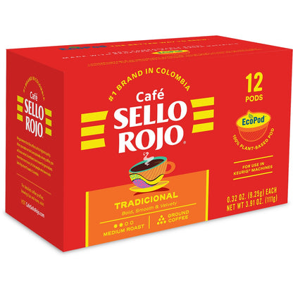 Cápsulas K-Cups Sello Rojo con café tradicional colombiano compatibles con sistemas de preparación por cápsulas.