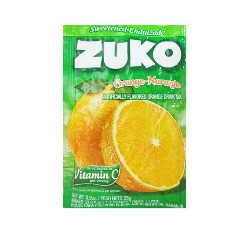 Mezcla individual Zuko sabor naranja para preparar bebidas cítricas refrescantes.