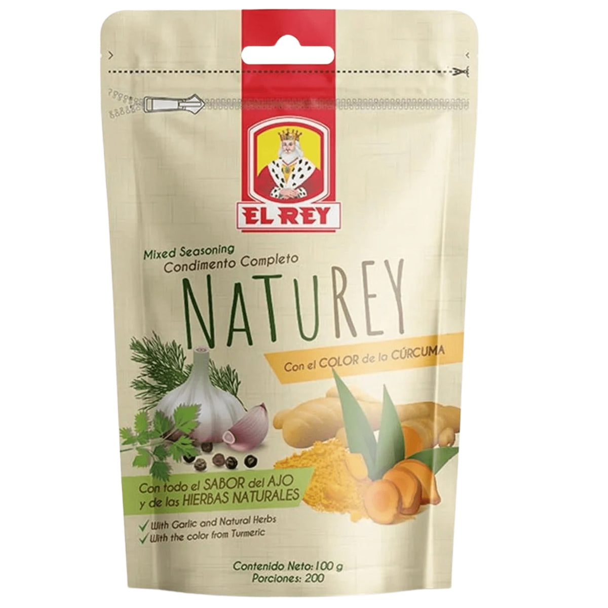 Condimento mixto El Rey Naturey elaborado con ajo, hierbas naturales y color de cúrcuma para sazonar carnes, arroz, sopas y recetas latinas.