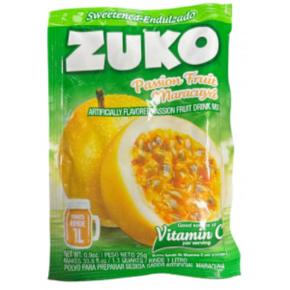 Mezcla individual Zuko sabor maracuyá para preparar bebidas tropicales refrescantes.