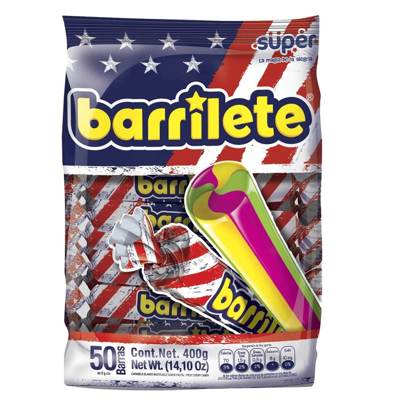 Caramelos masticables Super Chewy Barrilete con sabores frutales y textura suave.