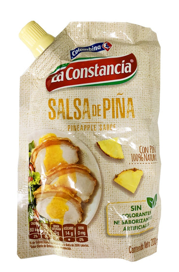 Salsa de piña La Constancia con sabor tropical para carnes y snacks.