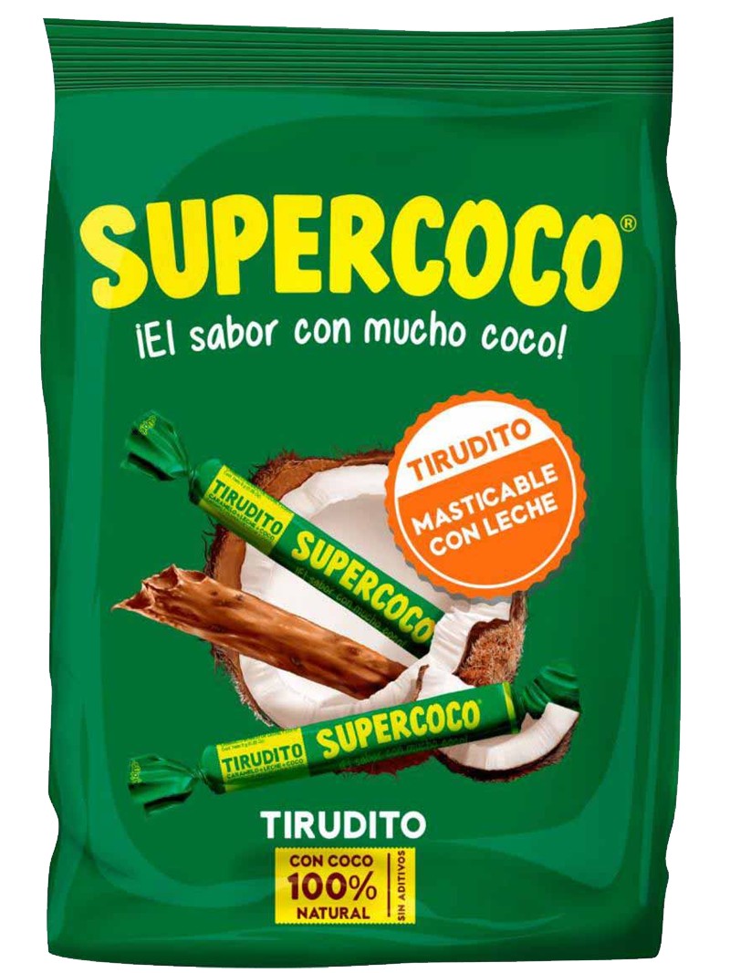 Dulces Supercoco Tirudito elaborados con coco natural y textura masticable con leche.