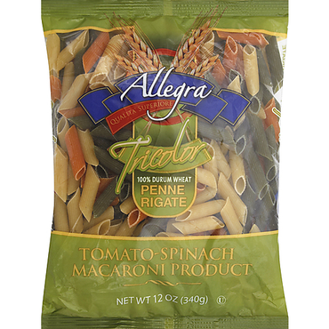 Pasta penne rigate tricolor ideal para recetas con salsa y ensaladas.