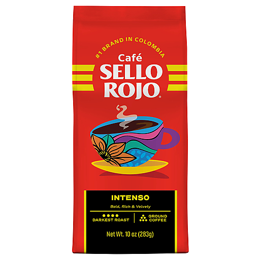 Café molido intenso Sello Rojo con perfil de sabor robusto y aroma característico del café colombiano.