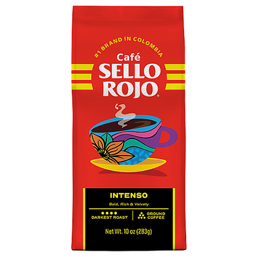 Café molido intenso Sello Rojo con perfil de sabor robusto y aroma característico del café colombiano.