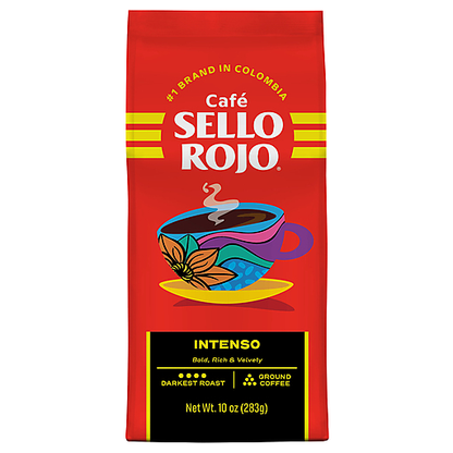Café molido intenso Sello Rojo con perfil de sabor robusto y aroma característico del café colombiano.