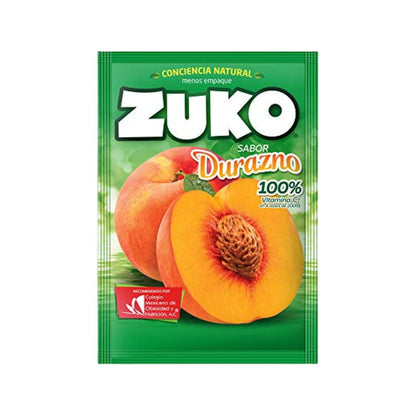 Mezcla individual Zuko sabor durazno para preparar bebidas frutales refrescantes.