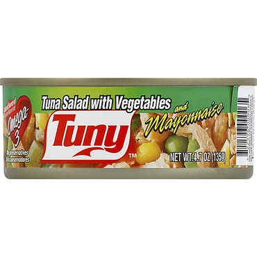 Ensalada de atún Tuny con vegetales y mayonesa lista para consumir en presentación individual.