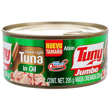 Atún Tuny Jumbo en aceite vegetal en presentación grande ideal para recetas familiares y alto consumo.