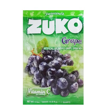 Mezcla individual Zuko sabor uva para preparar bebidas refrescantes y frutales.
