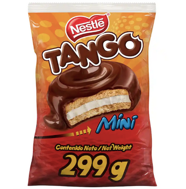 Mini galletas Tango rellenas con cobertura dulce y textura crujiente.